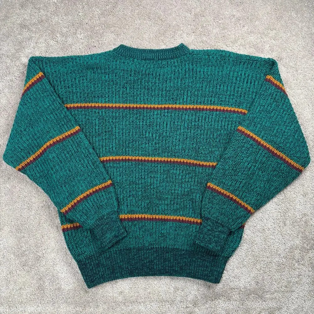 Men's Store Sears Size XL Green Striped Knit Sweater Vintage Crewneck Grandpa
